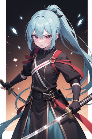 Generate an image of a character in the style of the anime Demon Slayer with icy blue hair in a ponytail, fierce red eyes, but a kind expression. They wield a long thin katana with a pale green blade, wearing a simple brown and red traveler's garb. Capture the essence of their fierce yet compassionate spirit as they stand ready to defend against darkness.