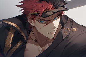 A red haired, blue eyed Japanese high school delinquent. Picture him as a stereotypical banchō, though who is not without some kindness in his serious gaze. His uniform is black and ripped strategically in places to assert individuality.