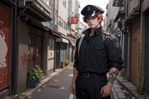 Craft an immersive artwork set in an alleyway adjacent to a Japanese school, serving as the backdrop for a compelling narrative. Within this scene, imagine a striking figure: a red-haired, blue-eyed Japanese high school delinquent, embodying the archetype of a banchō. Despite his tough exterior, there's a hint of compassion in his serious gaze. He stands amidst the urban setting, clad in a black uniform meticulously ripped in places to showcase his individuality, his head adorned with a visored cap. Capture the essence of this character against the backdrop of the bustling alleyway, where hints of graffiti and scattered debris hint at the vibrancy and challenges of his environment.