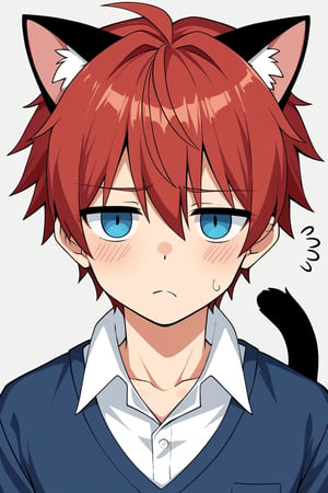 Produce an artwork depicting a young-looking male teacher with striking red hair and blue eyes. Despite his tired but amiable demeanor, he emanates a sense of approachability. Adorned in casual red teacher's clothing, he possesses a pair of fluffy red cat ears atop his head and a matching red cat tail swaying behind him. Infuse the scene with a touch of whimsy, capturing his warmth and friendly nature.