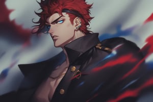 Create an evocative narrative describing a character: a Japanese high school delinquent with striking red hair and piercing blue eyes. Imagine him embodying the archetype of a banchō, exuding a serious demeanor tempered with occasional acts of kindness evident in his gaze. His uniform, though standard, bears strategic rips, symbolizing his defiance against conformity and assertion of individuality. Capture the essence of his complex personality and his role within his school's social dynamic. Picture it as an anime style similar to JoJo's Bizarre Adventure, though with less pronounced lips.