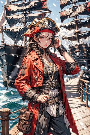 High quality, masterpiece, 1girl, sole_female, , brigth_red_eyes, medium long black hair in french braids, pirate outfit, disembarking from his pirate ship