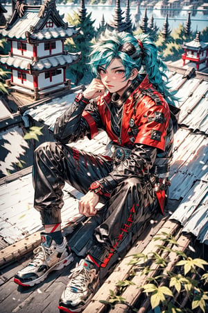 High quality, masterpiece, 1boy, sole_male, , brigth_red_eyes, eyesgod, viking, long light_blue hair in a pony tail, Black leather ninja suit, sitting on the corner of the roof of a Japanese castle full-body_portrait