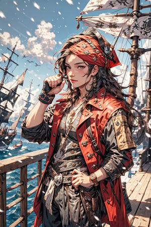 High quality, masterpiece, 1boy, sole_male, , brigth_red_eyes, medium long black hair in french braids, pirate outfit, disembarking from his pirate ship