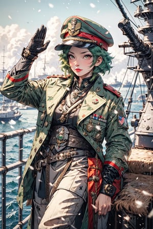 High quality, masterpiece, 1girl, sole_female, , brigth_red_eyes, eyesgod, viking, well-groomed short green hair, military cap, military officer attire, doing a military salute while aboard a warship full-body_portrait,