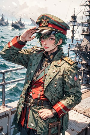 High quality, masterpiece, 1boy, sole_male, , brigth_red_eyes, eyesgod, viking, well-groomed short green hair, military cap, military officer attire, doing a military salute while aboard a warship full-body_portrait,