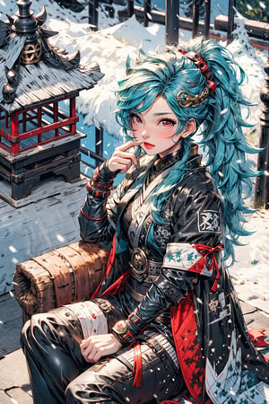 High quality, masterpiece, 1girl, sole_female, , brigth_red_eyes, eyesgod, viking, long light_blue hair in a pony tail, Black leather ninja suit, sitting on the corner of the roof of a Japanese castle full-body_portrait
