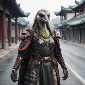 Create a photo realistic image of a female skinny and gaunt hybrid evil demonic devilish ostrich head and furred human body with animal claws and a long neck. (Holding a huge radish in his left hand:1.2), grayish fur, furry body, furry claws, dressed in green chinese armor and flowing green and black robes, green eyes, smiling. Full body shot. standing in a busy chinese road. 