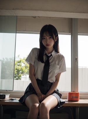 A 20 years old korean girl. She is in the classroom, sitting on her desk. Her legs are spread wide apart. Her underwears are exposed. Camera is focusing on her pelvis. She is sweating hard. Her skin is moist with her sweats. Her hands are place behind her back.

(best quality), ((masterpiece)), (highres), illustration, original, extremely detailed, (二次元大系·御姐篇_V1.0:0.7)zlqs, best quality, masterpiece, 

1girl, solo, looking at viewer, neutral_expression, closed mouth, sitface, seated, sitting, leaning, leaning_back, foreshortening, lower_body, focus_on_lower_body,  facing_viewer, legs_open, legs_apart, hand behind body, hand_behind_back, arm_behind_back,

natural_light, natural_light_on_face, hot_temperature,

classroom background, kyoushitsu, classroom, indoors, school chair, school desk, chalkboard, window, ceiling light, curtains, wooden_floor, blurry_background,blurry_foreground, 

gyaru, school uniform, skirt, miniskirt, microskirt, black_skirt, pleated skirt, plaid skirt, lifted_skirt,skirt_up, shirt, collared_shirt, white shirt, (white_shirt), short sleeves, necktie, black_necktie, socks, white_socks,

jewelry, bracelet, 
  
breasts, huge_breast, giant_breasts, gigantic_breasts,huge_tits, breast_exposed, straight_hair, longhair, brown-hair, bangs, light_brown_eyes, shiny_eyes, wide_pelvis,

sweating, sweating_profusely, wet_clothes, wet_hair, wet_skin,mist, moist,kaidan