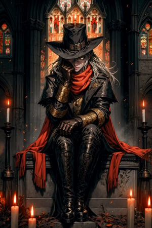 High quality, masterpiece, rayearth, 1boy, shiny medium long silver hair, bright orange pupils, black tricorn hat, a gray duster, a pair of brown leather boots, a pair of black gauntlets with gold trim, and a reddish scarf covering his face, sitting a candlelit cemetery in the middle of the night with a gothic style church in the background