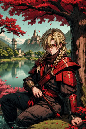 High quality, masterpiece, rayearth, 1boy, shiny medium long blonde hair in braids, bright red pupils, samurai armor, sitting under a cherry tree with a castle and a lake in the background