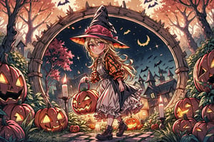 High quality, masterpiece, 1girl, sole_female, unkept bright blonde hair, dazzling pink eyes, dressed as a scarecrow, walking through a garden of carved pumpkins with candles inside them,halloween