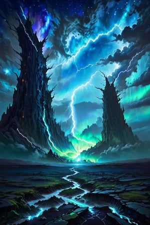 A vast, desolate landscape with vibrant, electric blue and green hues, where the ground and sky seem to merge in a chaotic, dreamlike fashion. 