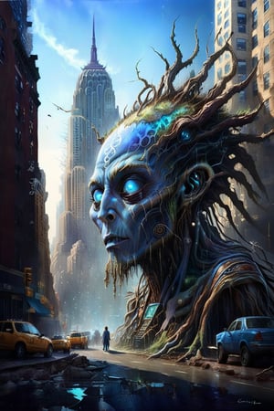 Surrealistic rooted steampunk ALIEN with long egyptian forehead and fallen in eyes with plenty of hair in an awkward scene with panoramic view of the Empire STate Building in a vibrant city street with pedestrians, parked cars under a blue sky, and towering skyscrapers in the background by Carne Griffiths and Wadim Kashin