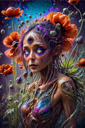 Surrealistic stringed alien with deep fallen in eyes, lying gracefully, captivating opium poppy field, small circle of blossoms, gentle breeze, swaying poppies, hues of red, orange, deep purples, detailed floral scene, artificial beauty, serene setting, artistic touch, high-resolution, artful depiction, it is a tight close-up of just the stringed and rooted alien and the opium poppies showing their natural strangeness, by Carne Griffiths and Wadim Kashin