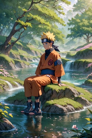 "Create an 8K AI image featuring Naruto Uzumaki, the beloved ninja from the Naruto series, set against a backdrop of serene natural beauty. Naruto should be depicted in a peaceful and reflective pose, surrounded by lush greenery, blooming cherry blossom trees, and gently flowing streams. The scene should evoke a sense of harmony and tranquility, capturing Naruto's inner peace amidst the beauty of nature. Feel free to add subtle nods to Naruto's ninja heritage, such as hidden shuriken or kunai, to enhance the composition."






