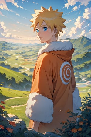 Generate an 8K AI image showcasing a young Naruto Uzumaki standing in a picturesque landscape, with a serene and peaceful atmosphere. The camera is positioned at a long distance, capturing Naruto's smiling face as he gazes out at the beauty around him. Surrounding Naruto is a tranquil scene of rolling hills, vibrant meadows, and clear blue skies dotted with fluffy clouds. The sunlight gently bathes the landscape, casting warm hues across the scene and creating a sense of calm and contentment. Ensure Naruto's expression reflects his youthful exuberance and joy, perfectly complementing the beauty of the peaceful background."






