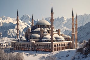 The interior of a blue mosque with 6 minarets, 99 windows and 8 domes with snow on top with a mountain view is clearly visible.
