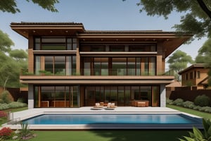 a wooden A modern villa should be a living space where luxury and comfort combine perfectly. It should have eye-catching designs and high-end materials. The villa should offer a lifestyle beyond an ordinary home experience. Their roofs should be stylish and surrounded by greenery with gardens and pools.house among the mountains Let it be a coloring page.