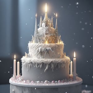 

Let there be three gray candles on the top floor, with a unicorn on top of a white 3-layer, each layer covered with diamonds and glitter.
