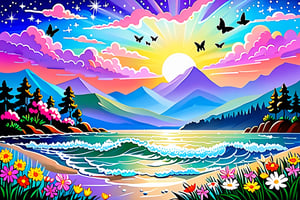 Let it be a landscape painting that reflects the beauty of nature and inner peace. stars shining in the sky, waves of the sea, rising silhouettes of the mountains, a landscape illuminated by the light of the sun. Let it be vibrantly colored flowers, butterflies and birds, expressing the calmness and peace of nature with pastel tones and soft touches. Let it be a coloring page for children to paint.