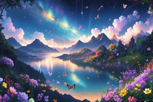 Let it be a landscape painting that reflects the beauty of nature and inner peace. stars shining in the sky, waves of the sea, rising silhouettes of the mountains, a landscape illuminated by the light of the sun. Let it be vibrantly colored flowers, butterflies and birds, expressing the calmness and peace of nature with pastel tones and soft touches. let it be realistic