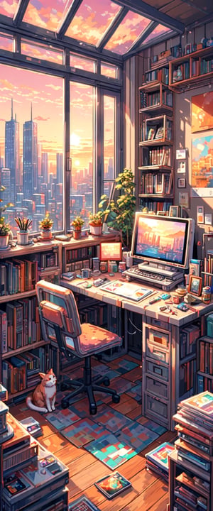 

Prompt: A lo-fi pixel art scene of an artist's studio with large windows overlooking the city, bathed in warm pink and orange hues during sunset. The room is filled with various painting supplies and canvases on shelves, while a Cat sits at their desk surrounded by books and sketches, adding to the cozy atmosphere. In the background, you can see tall buildings outside, adding depth to the scene. --ar 9:16 --style raw --stylize 750