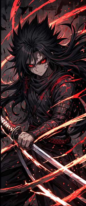 solo, long hair, looking at viewer, black hair, red eyes, 1boy, holding, closed mouth, weapon, male focus, sword, holding weapon, glowing, holding sword, katana, letterboxed, spiked hair, colored sclera, black sclera, ninja, cracked skin