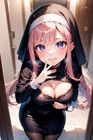ultra realistic 8k cg, masterpiece, ultra detailed background, delicate pattern, intricate detail, standing, formal, evil smile, nun, very long hair, looking at viewer, large breasts, black clothes, PERFECT FACE, SEXY FACE, PERFECT BODY, Cologne Cathedral, perfect hands, detailed fingers, beautiful detailed eyes, perfect eyes, seductive eyes, looking at the viewer, from front, 1girl, hand to own mouth,pink hair,motion sex,