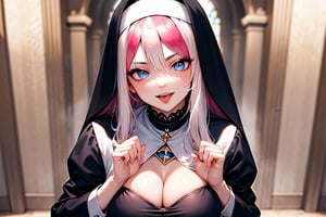 ultra realistic 8k cg, masterpiece, ultra detailed background, delicate pattern, intricate detail, standing, formal, evil smile, nun, very long hair, white hair, looking at viewer, large breasts, black clothes, PERFECT FACE, SEXY FACE, PERFECT BODY, Cologne Cathedral, perfect hands, detailed fingers, beautiful detailed eyes, perfect eyes, seductive eyes, looking at the viewer, from front, 1girl, hand to own mouth, tongue out, wink,pink_hair