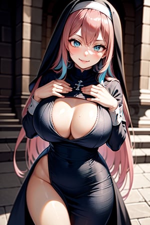 ultra realistic 8k cg, masterpiece, ultra detailed background, delicate pattern, intricate detail, standing, formal, evil smile, nun, very long hair, looking at viewer, large breasts, black clothes, PERFECT FACE, SEXY FACE, PERFECT BODY, Cologne Cathedral, perfect hands, detailed fingers, beautiful detailed eyes, perfect eyes, seductive eyes, looking at the viewer, from front, 1girl, hand to own mouth,pink hair,motion sex,