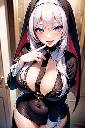 ultra realistic 8k cg, masterpiece, ultra detailed background, delicate pattern, intricate detail, standing, formal, evil smile, nun, very long hair, white hair, looking at viewer, large breasts, black clothes, PERFECT FACE, SEXY FACE, PERFECT BODY, Cologne Cathedral, perfect hands, detailed fingers, beautiful detailed eyes, perfect eyes, seductive eyes, looking at the viewer, from front, 1girl, hand to own mouth, tongue out, wink,pink_hair