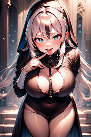 ultra realistic 8k cg, masterpiece, ultra detailed background, delicate pattern, intricate detail, standing, formal, evil smile, nun, very long hair, white hair, looking at viewer, large breasts, black clothes, PERFECT FACE, SEXY FACE, PERFECT BODY, Cologne Cathedral, perfect hands, detailed fingers, beautiful detailed eyes, perfect eyes, seductive eyes, looking at the viewer, from front, 1girl, hand to own mouth, tongue out, wink,pink_hair,motion sex,