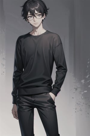 alone, dark background, long sleeves, 1 boy, konoha background, male focus, dark pants, gradient background, glasses, black hair