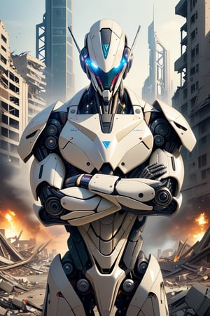 A very detailed robot, Crossing arms in front of destroyed city, His bionic body is filled with futuristic details. (an extremely detailed,Arms crossed in front of a destroyed city, Their bionic bodies have futuristic details.),ROBOT, half body portrait, A robot with his arms crossed over his chest