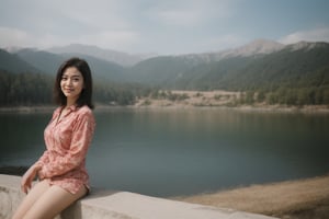 A beautiful young woman in China took a full-length photo(an oval-shaped face), put on the red color Tang suit and white high heels in the picture, with mountains and blue sky in the background, a blue lake behind her, and a red maple beside her, which was realistic color. The young woman faced the camera, looked back sideways, and smiled warmly. EOS R5 F1.2 ISO100 30MM, 4K HD, was extremely realistic.