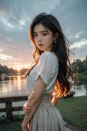  18 yo, beautiful korean girl, big eyes, wearing school uniform (simple),landscape (japanese garden), no smile, solo, {beautiful and detailed eyes}, dark eyes, small breasts, calm expression, delicate facial features, ((model pose)), Glamor body type, (dark hair:1.2), simple tiny earrings, simple tiny necklace,very_long_hair(blond highlight), hair past hip, bangs, curly hair, flim grain, realhands, masterpiece, Best Quality, 16k, photorealistic, ultra-detailed, finely detailed, high resolution, perfect dynamic composition, beautiful detailed eyes, eye smile, ((nervous and embarrassed)), sharp-focus, full_body, cowboy_shot,hyerilorashy,iu,midjourney,firefliesfireflies,JeeSoo ,night sky,Human bones,prison,chibi,1 girl