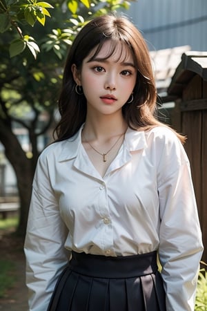  18 yo, beautiful korean girl, big eyes, wearing classic sailor school uniform (japanese, dark blue),landscape (school), no smile, solo, {beautiful and detailed eyes}, dark eyes, brown hair, small breasts, calm expression, delicate facial features, ((model pose)), Glamor body type, (dark hair:1.2), simple tiny earrings, simple tiny necklace,very_long_hair(blond highlight), hair past hip, bangs, curly hair, flim grain, realhands, masterpiece, Best Quality, 16k, photorealistic, ultra-detailed, finely detailed, high resolution, perfect dynamic composition, beautiful detailed eyes, eye smile, ((nervous and embarrassed)), sharp-focus, full_body, cowboy_shot,hyerilorashy,iu,midjourney,firefliesfireflies,JeeSoo ,night sky,Human bones,prison,chibi,1 girl,davincitech,FFIXBG