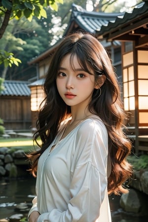  18 yo, beautiful korean girl, big eyes, wearing school uniform (simple),landscape (japanese garden), no smile, solo, {beautiful and detailed eyes}, dark eyes, small breasts, calm expression, delicate facial features, ((model pose)), Glamor body type, (dark hair:1.2), simple tiny earrings, simple tiny necklace,very_long_hair(blond highlight), hair past hip, bangs, curly hair, flim grain, realhands, masterpiece, Best Quality, 16k, photorealistic, ultra-detailed, finely detailed, high resolution, perfect dynamic composition, beautiful detailed eyes, eye smile, ((nervous and embarrassed)), sharp-focus, full_body, cowboy_shot,hyerilorashy,iu,midjourney,firefliesfireflies,JeeSoo ,night sky,Human bones,prison,chibi,1 girl