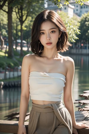  13 yo, beautiful and cute chinese girl,straight hair (tied_up), big eyes, wearing sexy strapless top, sweater and skirt, underboobs, background (lake tekapo), close mouth, solo, {beautiful and detailed eyes}, no direct sunlight, dark eyes, small breasts, calm expression, delicate facial features, ((model pose)), Glamor body type, (light hair:1.2), simple tiny earrings, flim grain, realhands, masterpiece, Best Quality, 16k, photorealistic, ultra-detailed, finely detailed, high resolution, perfect dynamic composition, beautiful detailed eyes, eye smile, ((nervous and embarrassed)), sharp-focus, full_body, cowboy_shot