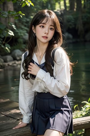  18 yo, beautiful korean girl, big eyes, wearing classic sailor school uniform (japanese, dark blue),landscape (school), no smile, solo, {beautiful and detailed eyes}, dark eyes, brown hair, small breasts, calm expression, delicate facial features, ((model pose)), Glamor body type, (dark hair:1.2), simple tiny earrings, simple tiny necklace,very_long_hair(blond highlight), hair past hip, bangs, curly hair, flim grain, realhands, masterpiece, Best Quality, 16k, photorealistic, ultra-detailed, finely detailed, high resolution, perfect dynamic composition, beautiful detailed eyes, eye smile, ((nervous and embarrassed)), sharp-focus, full_body, cowboy_shot,hyerilorashy,iu,midjourney,firefliesfireflies,JeeSoo ,night sky,Human bones,prison,chibi,1 girl,davincitech,FFIXBG