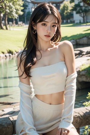  13 yo, beautiful and cute chinese girl,straight hair (tied_up), big eyes, wearing sexy strapless top, sweater and skirt, underboobs, background (lake tekapo), close mouth, solo, {beautiful and detailed eyes}, no direct sunlight, dark eyes, small breasts, calm expression, delicate facial features, ((model pose)), Glamor body type, (light hair:1.2), simple tiny earrings, flim grain, realhands, masterpiece, Best Quality, 16k, photorealistic, ultra-detailed, finely detailed, high resolution, perfect dynamic composition, beautiful detailed eyes, eye smile, ((nervous and embarrassed)), sharp-focus, full_body, cowboy_shot