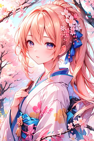 ((masterpiece: 1.2)), beautiful and aesthetic girl, ((1girl)), extreme detailed, highest detailed image, ((detailed eyes)), ((light particles)), kimono, jewelry, sexy, cherry blossom, cherry blossoms.,Illustration