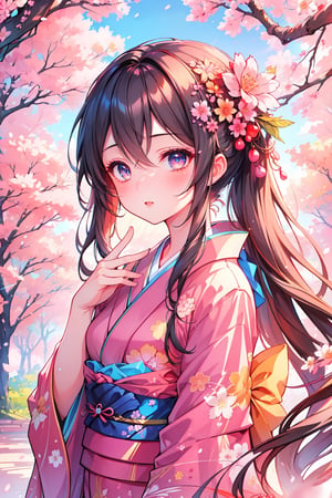 ((masterpiece: 1.2)), beautiful and aesthetic girl, ((1girl)), extreme detailed, highest detailed image, ((detailed eyes)), ((light particles)), kimono, jewelry, sexy, cherry blossom, cherry blossoms.,Illustration