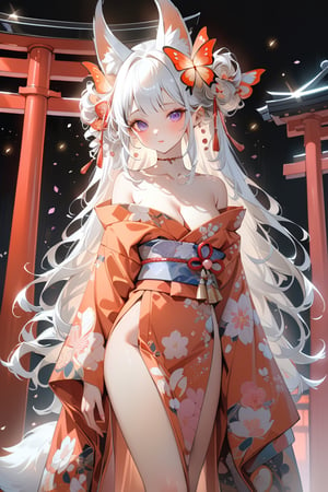 Black and white line drawing, 8k high resolution, ultra-high resolution picture quality, mysterious and weird atmosphere, masterpiece, boutique, aesthetic, 1girl, solo, sexy, 20-year-old woman, demon fox, vixen, butterfly hair accessories, long colored hair, nudity Shoulders, coquettish and sexy close-fitting kimono, kimono with blooming cherry blossom pattern, tiptoes, purple eyes, night, there are many cherry blossoms around, sparkling light spots, huge torii shrine, glowing fireflies, beautiful woman, Simple watercolor background (center), very detailed,japan,glitter,shiny,red kimono