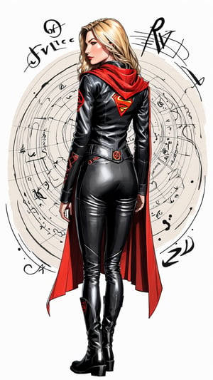 dark, gritty, realistic, mix of bold dark lines and loose lines, bold lines, on paper, turnaround character sheet, a stunningly beautiful (masterpiece, best quality:1.3), (2d:1.3), ink (medium), t-shirt design, White background, ((Half body)),portrait, supergirl, long red cape, outer_space, space hair, levitating, sky, zero gravity, above city, (((View from behind, she is looking over her shoulder))), depth_of_field bits of color, Sketch book, hand drawn, dark, gritty, realistic sketch, Rough sketch, mix of bold dark lines and loose lines, bold lines, Black paper, turnaround character sheet, arcane symbols, runes, dark theme, flowing partially blonde hair, handsome, ((all black padded leather clothing with red accents)), embroidered with runes, modest, black leather pants,  leather rune embroidered boots, (sharp lines), lines of bold ink, strong outlines, bold strokes, high contrast, (professional vector), best quality, flat colors, flat lights, no shadows, low levels, ((geometric shapes)), paint splatters, ((arcane symbols)), runes, dark theme, Perfect composition golden ratio, masterpiece, best quality, 4k, sharp focus. Better hand, perfect anatomy, ((safe for work))
