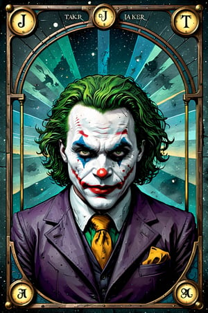symmetrical, steampunk, portrait of joker in tarot card style, intricate detail, merge mystery of tarot and endless beauty of space, dark palette, artwork, crisp lines, rough aesthetics, masterpiece, abstract, surrealism, realistic, detailed, high resolution, 

Leonardo Style,Movie Poster,MoviePosterAF