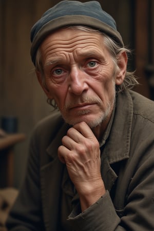 glamour portrait shot (from above:0.5) of poor Latvian 1800 old worker in rags, ((overwhelming fatigue)), wrinkles of age, photorealistic, moody colors, gritty, messy style of Alexey Savrasov, Ivan Shishkin, Ilya Repin, highly detailed,,<lora:659095807385103906:1.0>