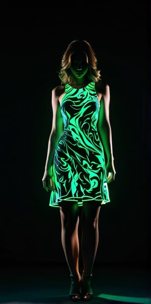 Silhouette of woman , neon light dress illuminates her body in shadow, in the style of coloring book comic, upper body covered in dark shadows, full body, raw hand drawn style, cinematic, photo,(best quality