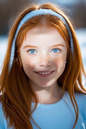 a beautiful high definition crisp portrait of a ginger girl with blue icy eyes smiling, the background is soft with large bokeh, taken with a professional grade camera with exquisite color grading